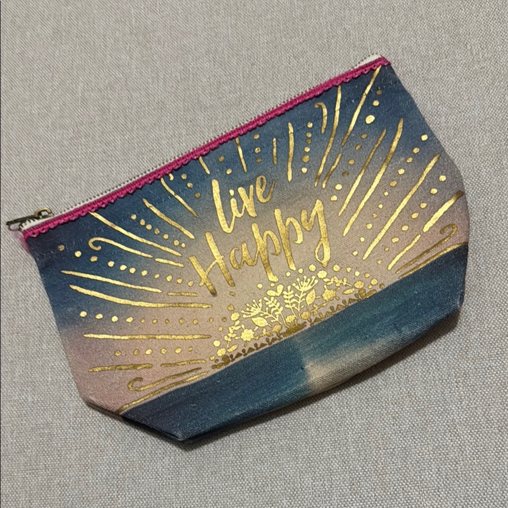 Cotton ZipTop Pouch “Live Happy” on Both Sides-EUC-Blue/Cream/Pink